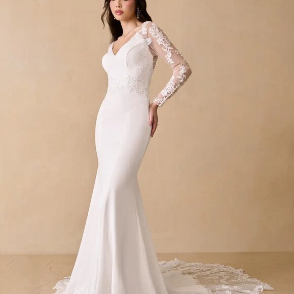 Azazie Mistie Mermaid V-Neck Sequins Stretch Crepe Wedding Dress - Picture 2 of 5